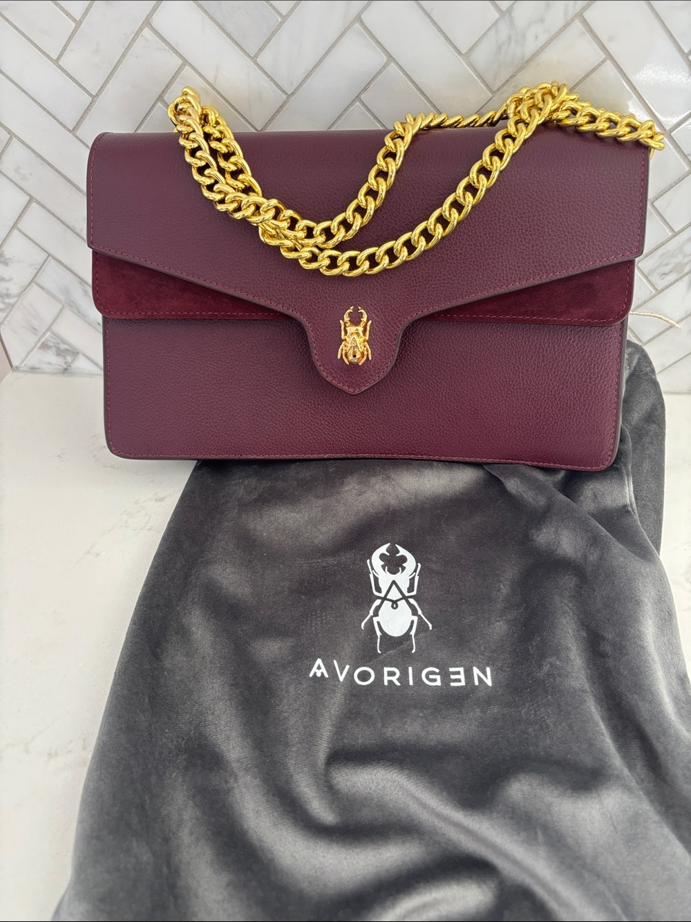 Women's Burgundy Leather Shoulder Bag with Gold Chain